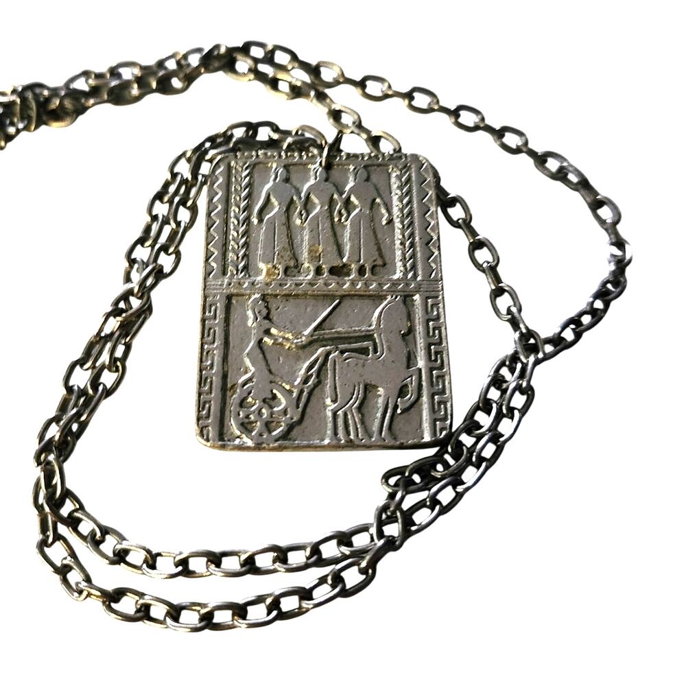 Vtg Greek Grecian Silver Tone Statement Necklace